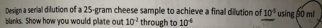 Design a serial dilution of a 25-gram cheese sample to achieve a final dilution of 10-5 using 90 ml
blanks. Show how you would plate out 102 through to 10-6
