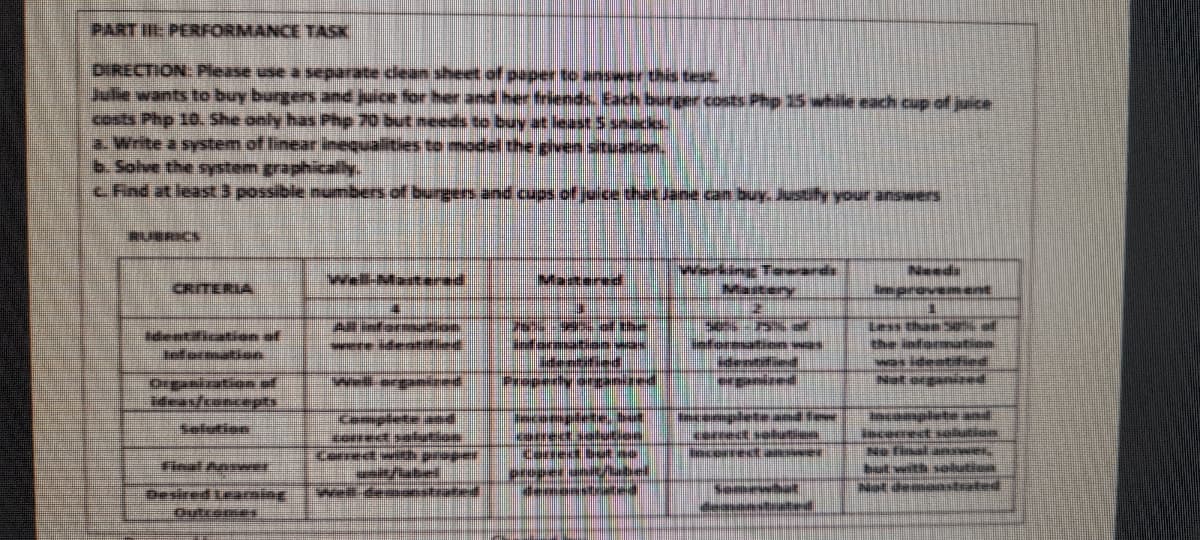 PART IE PERFORMANCE TASK
DIRECTION Please use a separate clean sheet of paper to answer this test
Julie wants to buy burger and juice for her and her triends. Each burger costs Php 15 while each cup of juice
a. Write a system of linear inequalities to model the given situation.
b. Solve the system graphically.
c Find at least 3 possible mumbers of burgers and cuos of juice that Jane can buy. Justufy your answers
RUBRICS
Werking Terards
Mastery
Needa
Imprevement
CRITERIA
Wel-Martered
Less thae S i al
the indermation
was identited
Nat organized
dentication of
Intarmsatian wa
Ctemtified
Caferesation
dentified
erganized
ee identidied
Organiration of
ideas/concepts
wel erganied
Complete aed
se**ect saytiee
Cenrect wi prper
plete and
iecerect selkution
Ne final an
but with solutiun
Not demeastrated
Sefution
Cereest bt e
peoper bel
inal Aere
wel dee steated
Desired Lerning
Qutreme
