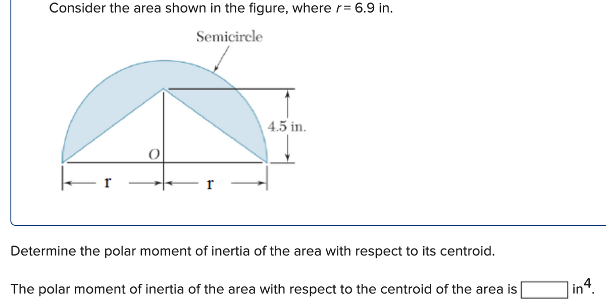 Consider the area shown in the figure, where r= 6.9 in.
Semicircle
4.5 in.
r
Determine the polar moment of inertia of the area with respect to its centroid.
The polar moment of inertia of the area with respect to the centroid of the area is
in4
