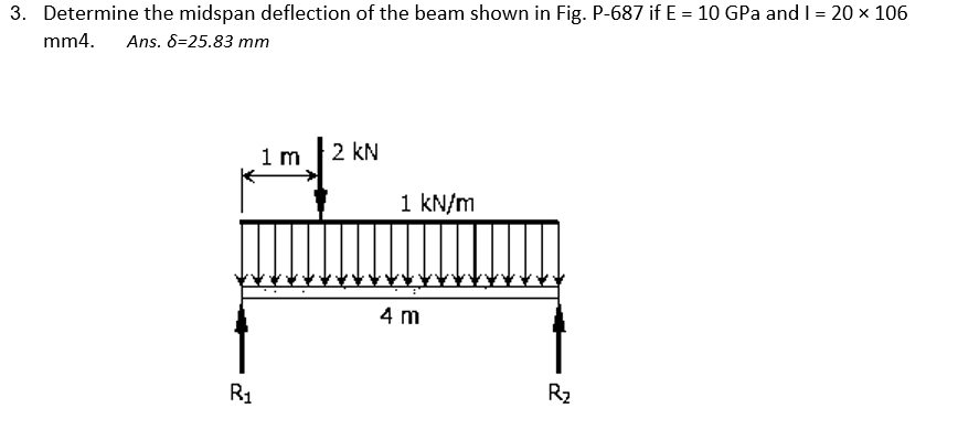 3. Determine the midspan deflection of the beam shown in Fig. P-687 if E = 10 GPa and I = 20 × 106
mm4. Ans. 8-25.83 mm
R1₁
1 m
2 kN
1 kN/m
4 m
R₂
2