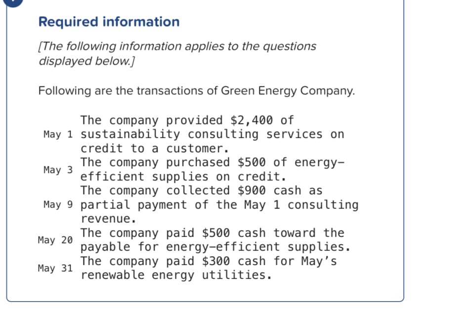 Required information
[The following information applies to the questions
displayed below.]
Following are the transactions of Green Energy Company.
The company provided $2,400 of
May 1 sustainability consulting services on
credit to a customer.
The company purchased $500 of energy-
efficient supplies on credit.
The company collected $900 cash as
May 3
May 9 partial payment of the May 1 consulting
revenue.
The company paid $500 cash toward the
payable for energy-efficient supplies.
The company paid $300 cash for May's
renewable energy utilities.
May 20
May 31
