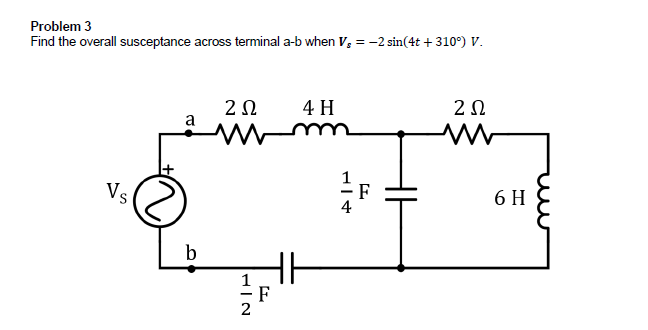 Problem 3
Find the overall susceptance across terminal a-b when V, = -2 sin(4t + 310°) V.
ΖΩ
4 H
ΖΩ
a
M
Vs
b
HIN
F
HIT
F
6 H