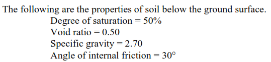 The following are the properties of soil below the ground surface.
Degree of saturation = 50%
Void ratio = 0.50
Specific gravity = 2.70
Angle of internal friction = 30°
