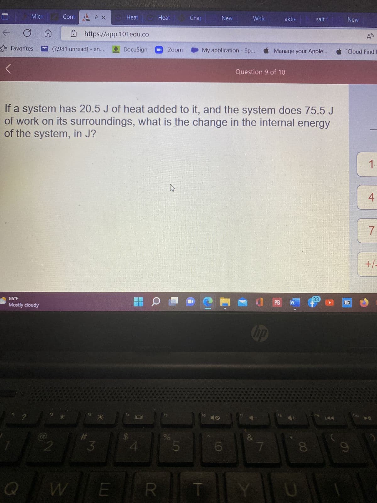 ### Thermodynamics and Internal Energy

#### Problem Statement:
If a system has 20.5 J of heat added to it, and the system does 75.5 J of work on its surroundings, what is the change in the internal energy of the system, in J?

#### Explanation:
In thermodynamics, the change in the internal energy of a system can be determined using the First Law of Thermodynamics, which is stated as:

\[
\Delta U = Q - W
\]

where:
- \(\Delta U\) is the change in internal energy
- \(Q\) is the heat added to the system
- \(W\) is the work done by the system on its surroundings

Given:
- Heat added (\(Q\)) = 20.5 J
- Work done by the system (\(W\)) = 75.5 J

#### Solution:
Substitute the given values into the equation:

\[
\Delta U = 20.5 \, \text{J} - 75.5 \, \text{J} = -55 \, \text{J}
\]

#### Conclusion:
The change in the internal energy of the system is \(-55 \, \text{J}\). This means that the internal energy of the system decreases by 55 Joules.