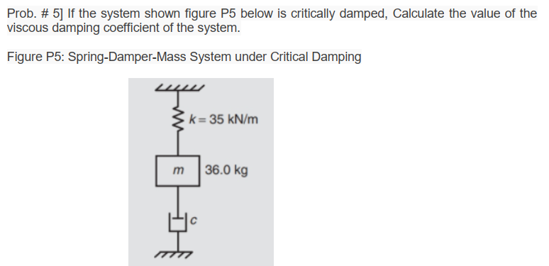 Prob. # 5] If the system shown figure P5 below is critically damped, Calculate the value of the
viscous damping coefficient of the system.
Figure P5: Spring-Damper-Mass System under Critical Damping
k = 35 kN/m
m
36.0 kg
