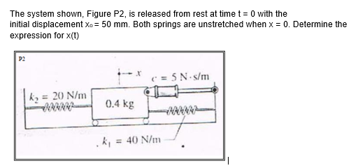 The system shown, Figure P2, is released from rest at time t = 0 with the
initial displacement xo = 50 mm. Both springs are unstretched when x = 0. Determine the
expression for x(t)
P2
c = 5 N. s/m
k, = 20 N/m
0.4 kg
= 40 N/m
