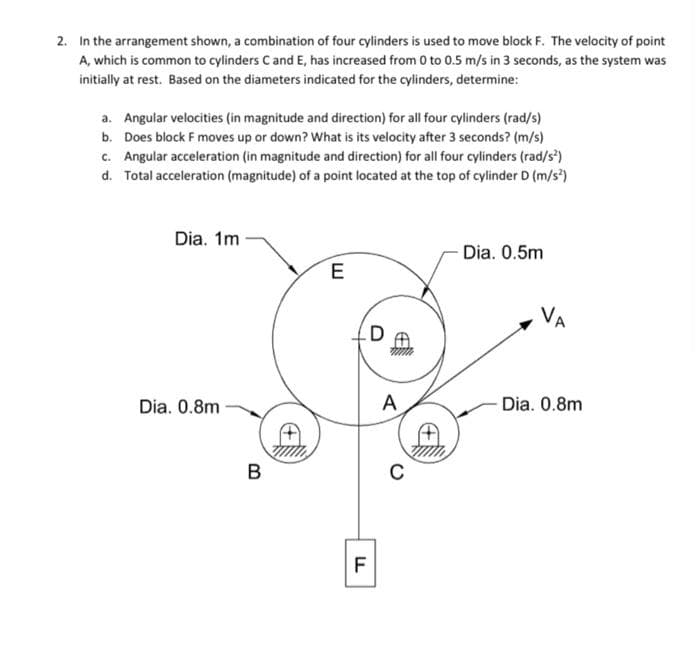 2. In the arrangement shown, a combination of four cylinders is used to move block F. The velocity of point
A, which is common to cylinders Cand E, has increased from 0 to 0.5 m/s in 3 seconds, as the system was
initially at rest. Based on the diameters indicated for the cylinders, determine:
a. Angular velocities (in magnitude and direction) for all four cylinders (rad/s)
b. Does block F moves up or down? What is its velocity after 3 seconds? (m/s)
c. Angular acceleration (in magnitude and direction) for all four cylinders (rad/s)
d. Total acceleration (magnitude) of a point located at the top of cylinder D (m/s")
Dia. 1m
-Dia. 0.5m
E
Dia. 0.8m
A
Dia. 0.8m
B
C
