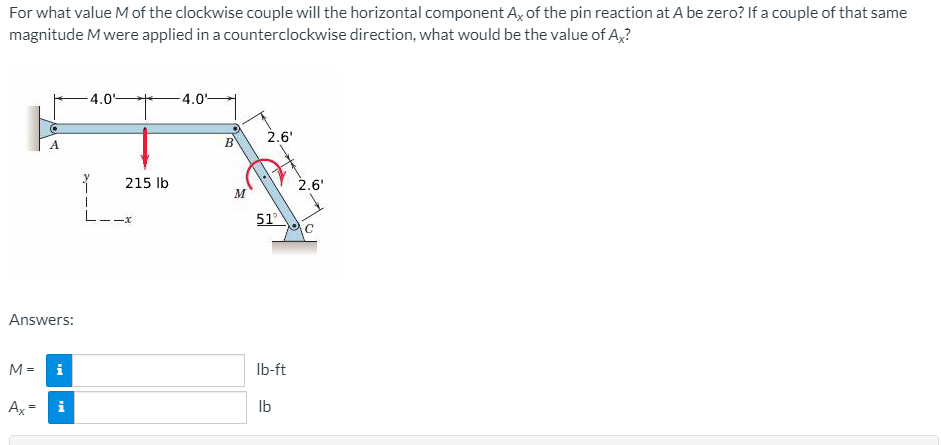 For what value M of the clockwise couple will the horizontal component A, of the pin reaction at A be zero? If a couple of that same
magnitude M were applied in a counterclockwise direction, what would be the value of A,?
-4.0-
4.0
2.6'
A
B
215 Ib
2.6'
M
1.
51
-x
Answers:
M =
i
Ib-ft
Ax =
Ib
