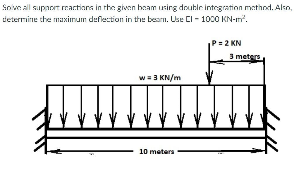 Solve all support reactions in the given beam using double integration method. Also,
determine the maximum deflection in the beam. Use El = 1000 KN-m2.
P = 2 KN
3 meters
w = 3 KN/m
10 meters
