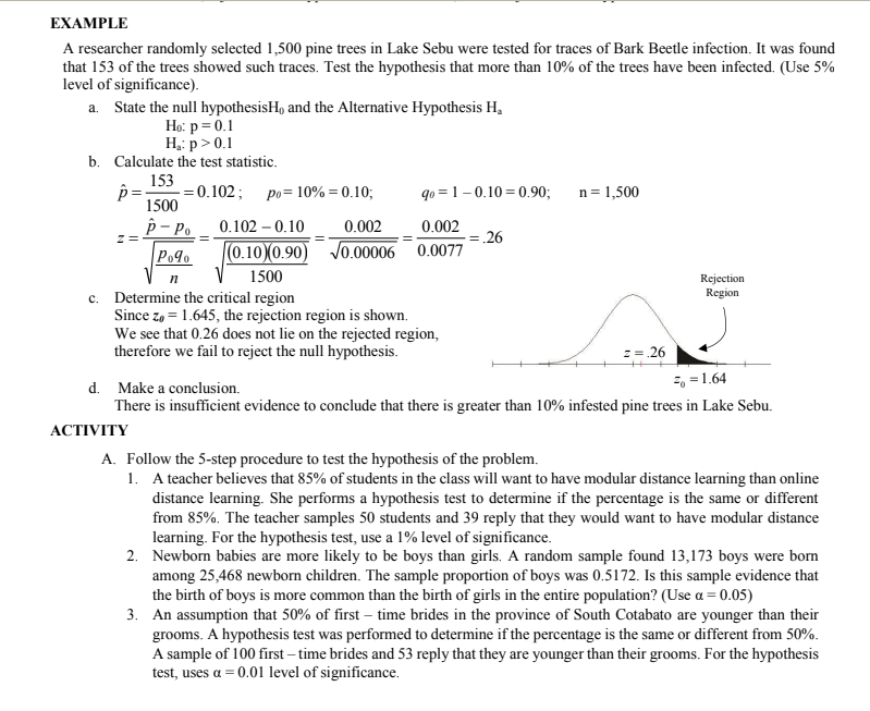 EXAMPLE
A researcher randomly selected 1,500 pine trees in Lake Sebu were tested for traces of Bark Beetle infection. It was found
that 153 of the trees showed such traces. Test the hypothesis that more than 10% of the trees have been infected. (Use 5%
level of significance).
a. State the null hypothesisH, and the Alternative Hypothesis H,
Họ: p = 0.1
H,: p> 0.1
b. Calculate the test statistic.
153
= 0.102;
1500
po= 10% = 0.10;
qo = 1 – 0.10 = 0.90;
n= 1,500
p- Po
0.102 – 0.10
0.002
0.002
= .26
0.0077
Po9o
(0.10)(0.90) Vo.00006
1500
Rejection
Region
c. Determine the critical region
Since z, = 1.645, the rejection region is shown.
We see that 0.26 does not lie on the rejected region,
therefore we fail to reject the null hypothesis.
2 = 26
=, =1.64
d. Make a conclusion.
There is insufficient evidence to conclude that there is greater than 10% infested pine trees in Lake Sebu.
АСTIVITY
A. Follow the 5-step procedure to test the hypothesis of the problem.
1. A teacher believes that 85% of students in the class will want to have modular distance learning than online
distance learning. She performs a hypothesis test to determine if the percentage is the same or different
from 85%. The teacher samples 50 students and 39 reply that they would want to have modular distance
learning. For the hypothesis test, use a 1% level of significance.
2. Newborn babies are more likely to be boys than girls. A random sample found 13,173 boys were born
among 25,468 newborn children. The sample proportion of boys was 0.5172. Is this sample evidence that
the birth of boys is more common than the birth of girls in the entire population? (Use a = 0.05)
3. An assumption that 50% of first – time brides in the province of South Cotabato are younger than their
grooms. A hypothesis test was performed to determine if the percentage is the same or different from 50%.
A sample of 100 first – time brides and 53 reply that they are younger than their grooms. For the hypothesis
test, uses a = 0.01 level of significance.
