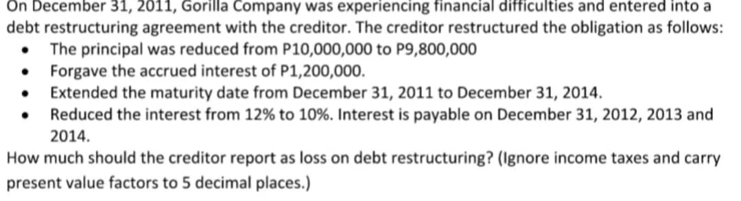 On December 31, 2011, Gorilla Company was experiencing financial difficulties and entered into a
debt restructuring agreement with the creditor. The creditor restructured the obligation as follows:
The principal was reduced from P10,000,000 to P9,800,000
Forgave the accrued interest of P1,200,000.
Extended the maturity date from December 31, 2011 to December 31, 2014.
• Reduced the interest from 12% to 10%. Interest is payable on December 31, 2012, 2013 and
2014.
How much should the creditor report as loss on debt restructuring? (Ignore income taxes and carry
present value factors to 5 decimal places.)
