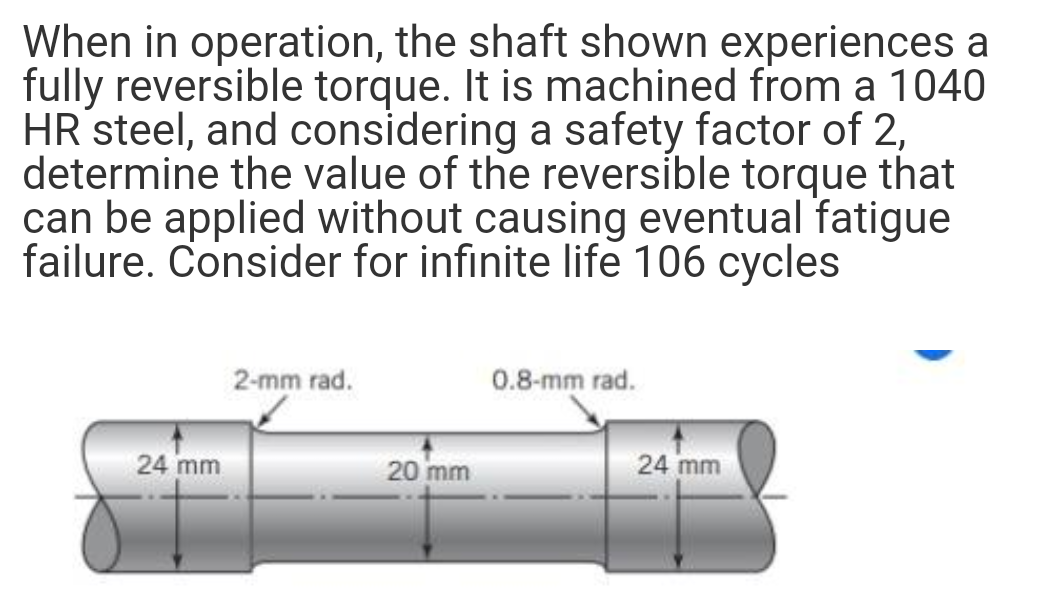 When in operation, the shaft shown experiences a
fully reversible torque. It is machined from a 1040
HR steel, and considering a safety factor of 2,
determine the value of the reversible torque that
can be applied without causing eventual fatigue
failure. Consider for infinite life 106 cycles
2-mm rad.
0.8-mm rad.
24 mm
20 mm
24 mm
