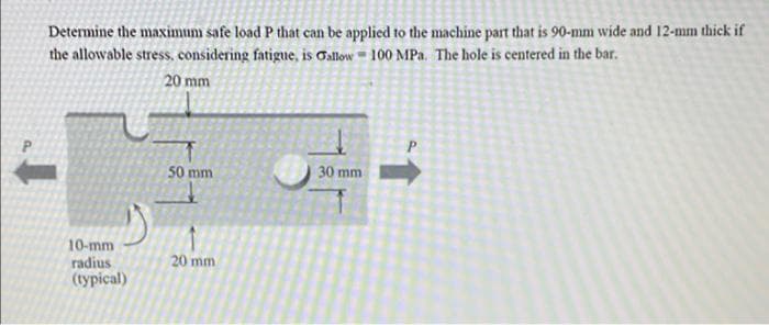 Determine the maximum safe load P that can be applied to the machine part that is 90-mm wide and 12-mm thick if
the allowable stress, considering fatigue, is Gallow = 100 MPa. The hole is centered in the bar.
20 mm
P
s0 mm
30 mm
10-mm
radius
(суріcal)
20 mm

