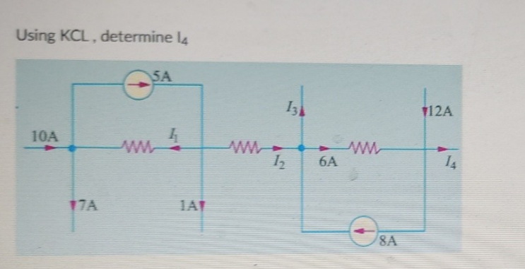 Using KCL, determine l4
5A
12A
10A
ww
6A
17A
1AT
8A
