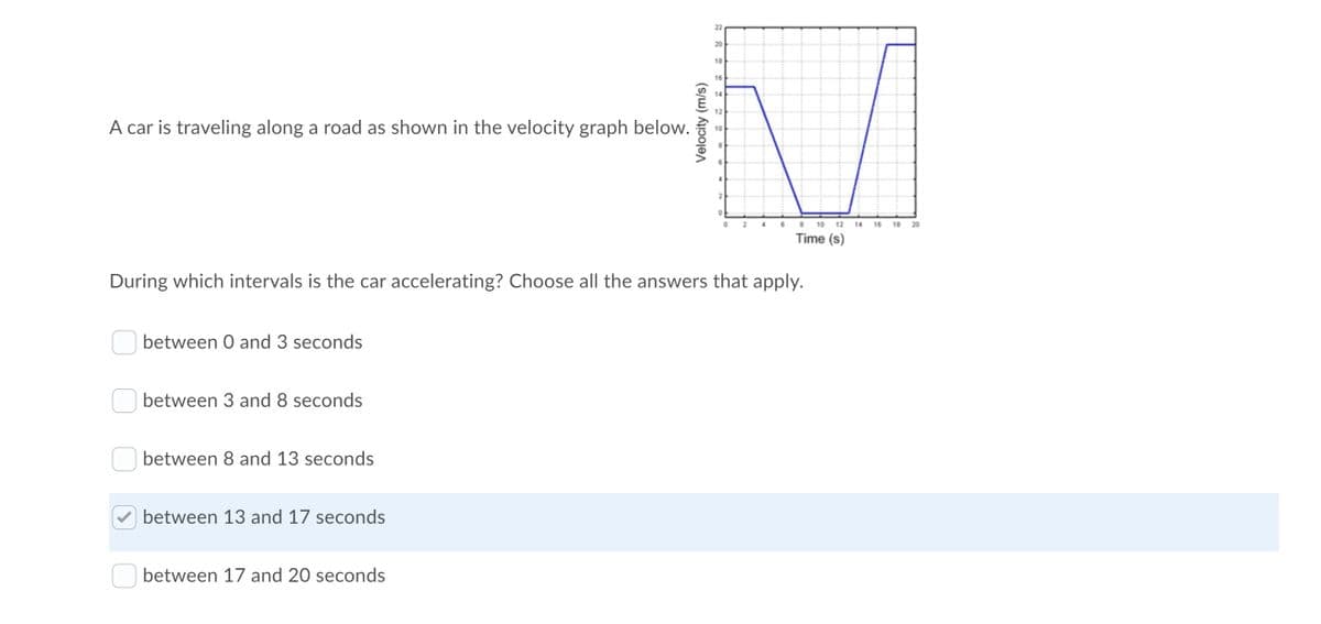 22
20
18
16
14
12
A car is traveling along a road as shown in the velocity graph below.
10
2
10
12
14
16
18
20
Time (s)
During which intervals is the car accelerating? Choose all the answers that apply.
between 0 and 3 seconds
between 3 and 8 seconds
between 8 and 13 seconds
between 13 and 17 seconds
between 17 and 20 seconds
Velocity (m/s)
