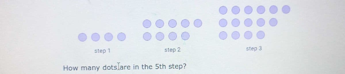 step 1
step 2
step 3
How many dotslare in the 5th step?
