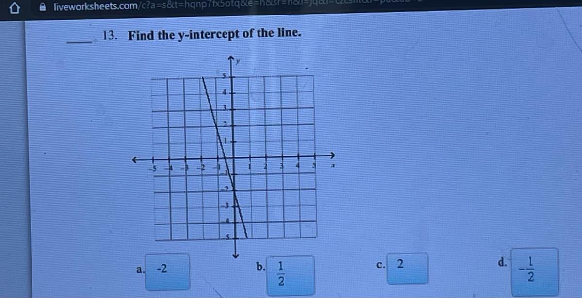 A liveworksheets.com/c?a=s&t%3hqnp7fx5otq&e=n&si
13. Find the y-intercept of the line.
-5
d.
1
a.
-2
b.
с.
112
