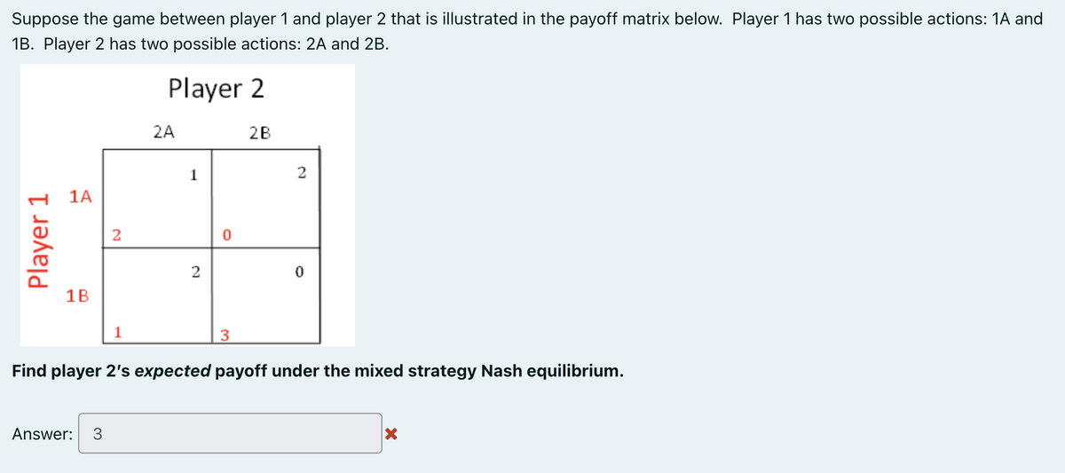 Suppose the game between player 1 and player 2 that is illustrated in the payoff matrix below. Player 1 has two possible actions: 1A and
1B. Player 2 has two possible actions: 2A and 2B.
Player 2
2B
Player 1
1A
1B
2
Answer: 3
1
2A
1
2
3
2
Find player 2's expected payoff under the mixed strategy Nash equilibrium.
X