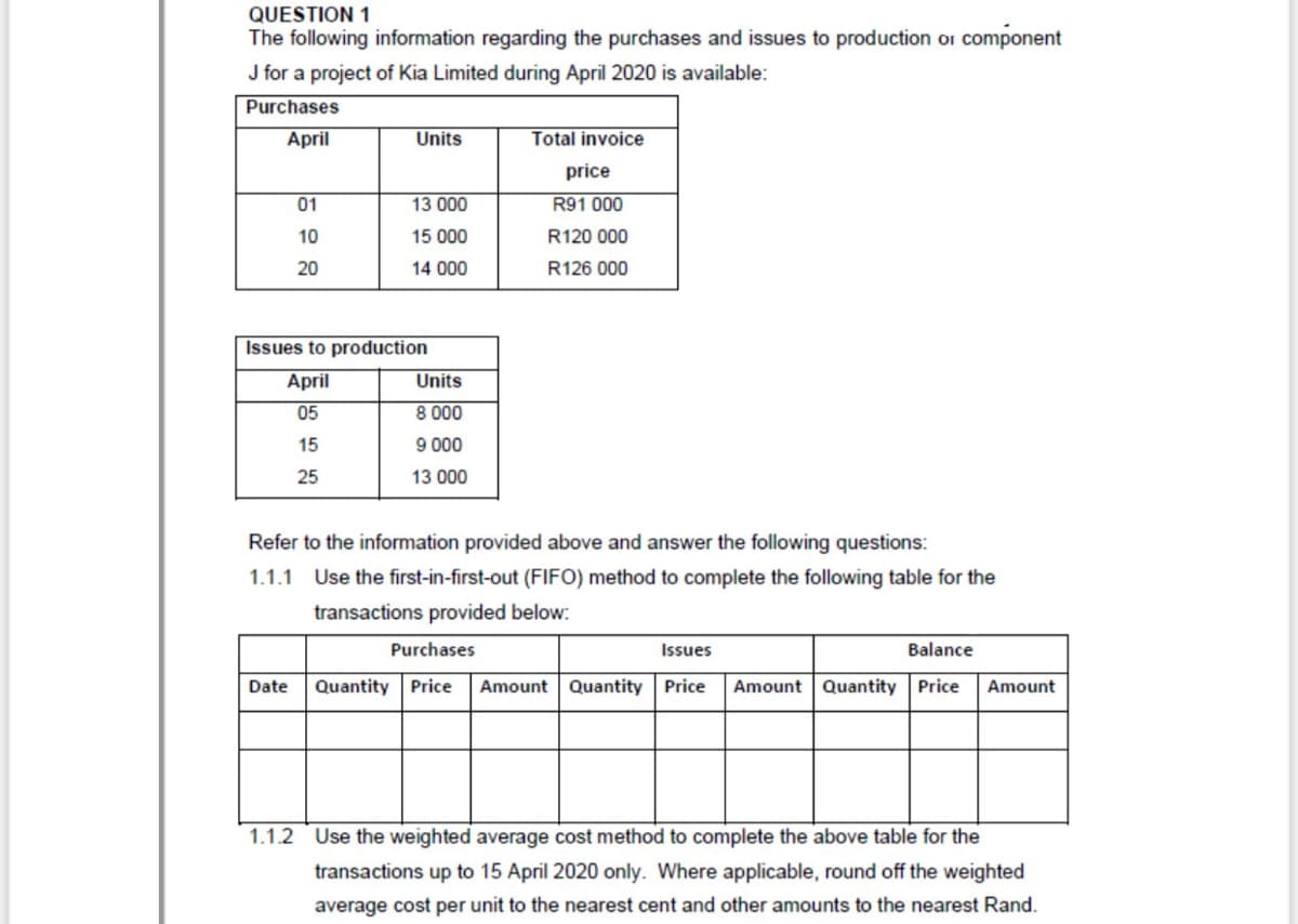 QUESTION 1
The following information regarding the purchases and issues to production or component
J for a project of Kia Limited during April 2020 is available:
Purchases
April
Units
Total invoice
price
01
13 000
R91 000
10
15 000
R120 000
20
14 000
R126 000
Issues to production
April
Units
05
8 000
15
9 000
25
13 000
Refer to the information provided above and answer the following questions:
1.1.1 Use the first-in-first-out (FIFO) method to complete the following table for the
transactions provided below:
Purchases
Issues
Balance
Date
Quantity Price
Amount
Quantity
Price
Amount Quantity Price
Amount
1.1.2 Use the weighted average cost method to complete the above table for the
transactions up to 15 April 2020 only. Where applicable, round off the weighted
average cost per unit to the nearest cent and other amounts to the nearest Rand.
