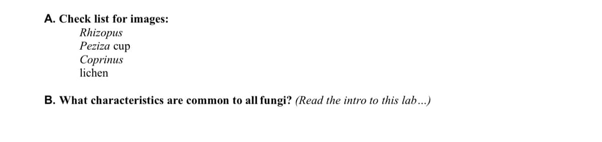 A. Check list for images:
Rhizopus
Peziza cup
Coprinus
lichen
B. What characteristics are common to all fungi? (Read the intro to this lab...)