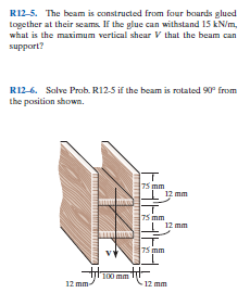 R12-5. The beam is constructed from four boards glued
together at their seams. If the glue can withstand 15 kN/m,
what is the maximum vertical shear V that the beam can
support?
R12-6. Solve Prob. R12-5 if the beam is rotated 90 from
the position shown.
75 mm
12 mm
75 mm
12 mm
75 mm
100 mm
12 mm
12 mm
