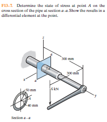 F13-7. Determine the state of stress at point A on the
cross section of the pipe at section a-a. Show the results in a
differential element at the point.
300 mm
300 min
S0 mm
6kN
40 mm
Soction a-a
