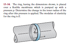 13-14. The ring, having the dimensions shown, is placed
over a flexible membrane which is pumped up with a
pressure p. Determine the change in the inner radius of the
ring after this pressure is applied. The modulus of elasticity
for the ring is E.
