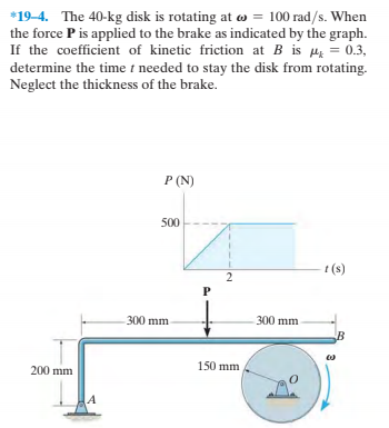 *19-4. The 40-kg disk is rotating at w = 100 rad/s. When
the force P is applied to the brake as indicated by the graph.
If the coefficient of kinetic friction at B is µ = 0.3,
determine the time t needed to stay the disk from rotating.
Neglect the thickness of the brake.
P (N)
500
t (s)
300 mm
300 mm
в
200 mm
150 mm
2.
