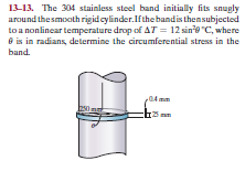 13-13. The 304 stainless steel band initially fits snugly
arcund the smooth rigidcylinder.Ifthe bandis thensubjected
to a nonlinear temperature drop of AT = 12 sin'e "C, where
O is in radians, determine the circumferential stress in the
band.
