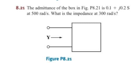 8.21 The admittance of the box in Fig. P8.21 is 0.1 + j0.2s
at 500 rad/s. What is the impedance at 300 rad/s?
Figure P8.21
