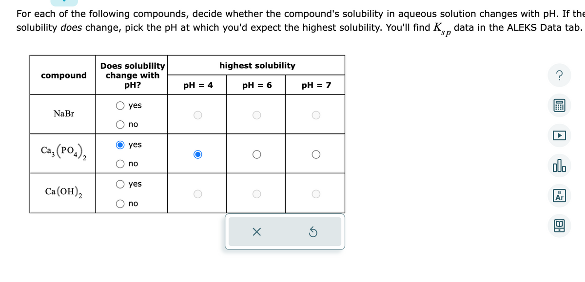 For each of the following compounds, decide whether the compound's solubility in aqueous solution changes with pH. If the
solubility does change, pick the pH at which you'd expect the highest solubility. You'll find K data in the ALEKS Data tab.
sp
Does solubility
highest solubility
compound
change with
pH?
pH = 4
pH = 6
pH = 7
NaBr
yes
no
Ca, (PO4)2
Ca(OH)2
yes
no
yes
no
☑
?
000
18
Ar