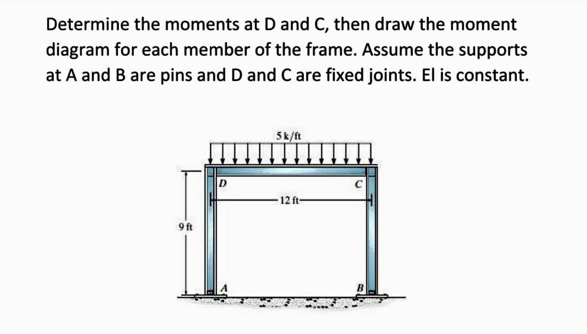 Determine the moments at D and C, then draw the moment
diagram for each member of the frame. Assume the supports
at A and B are pins and D and C are fixed joints. El is constant.
9 ft
D
5k/ft
12 ft-
B