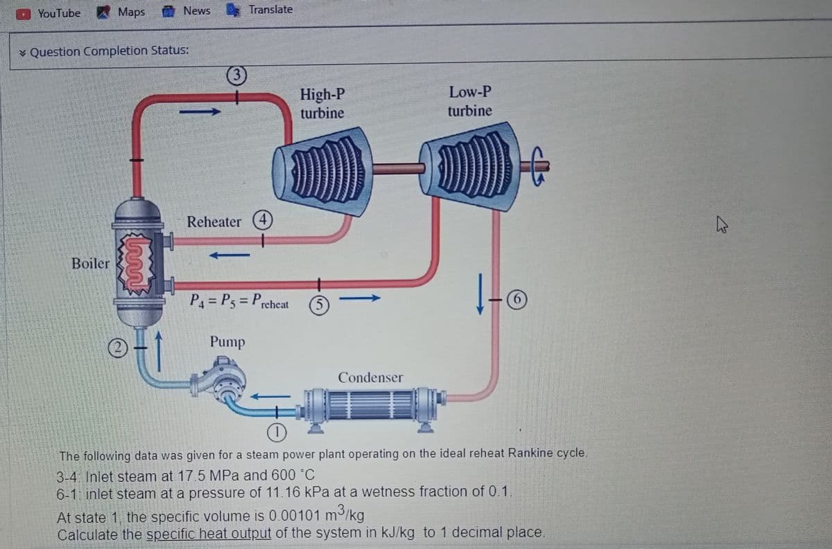 YouTube
Maps
Question Completion Status:
News
Boiler
(3
Reheater 4]
P4 = P5 = Preheat
Ho
6
2
Pump
Condenser
1
The following data was given for a steam power plant operating on the ideal reheat Rankine cycle.
3-4: Inlet steam at 17.5 MPa and 600 °C
6-1 inlet steam at a pressure of 11.16 kPa at a wetness fraction of 0.1.
3
At state 1, the specific volume is 0.00101 m³/kg
Calculate the specific heat output of the system in kJ/kg to 1 decimal place.
lu
Translate
High-P
turbine
5
Low-P
turbine
4