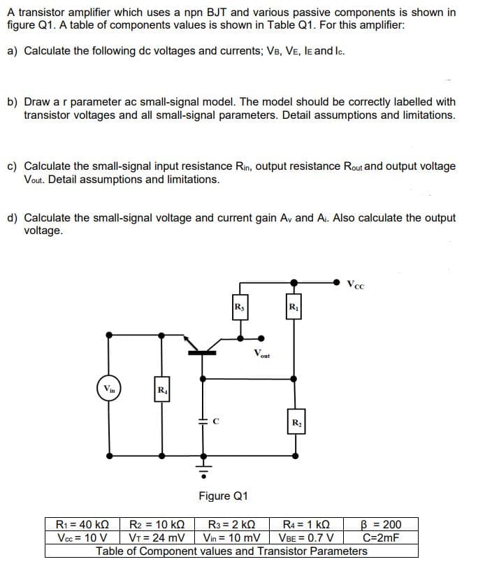 A transistor amplifier which uses a npn BJT and various passive components is shown in
figure Q1. A table of components values is shown in Table Q1. For this amplifier:
a) Calculate the following dc voltages and currents; VB, VE, le and le.
b) Draw a r parameter ac small-signal model. The model should be correctly labelled with
transistor voltages and all small-signal parameters. Detail assumptions and limitations.
c) Calculate the small-signal input resistance Rin, output resistance Rout and output voltage
Vout. Detail assumptions and limitations.
d) Calculate the small-signal voltage and current gain Av and A. Also calculate the output
voltage.
Vcc
R3
R.
R:
Figure Q1
R3 = 2 kQ
Vin = 10 mV
Table of Component values and Transistor Parameters
R2 = 10 kQ
VT = 24 mV
R1 = 40 kQ
R4 = 1 kQ
VBE = 0.7 V
B = 200
%3D
Vcc = 10 V
C=2mF
