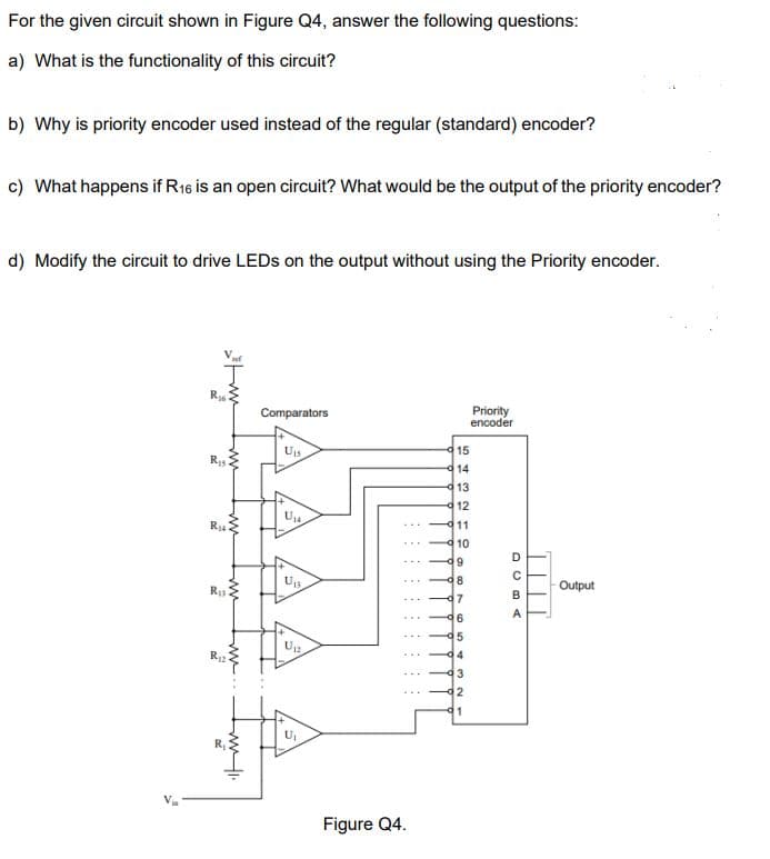 For the given circuit shown in Figure Q4, answer the following questions:
a) What is the functionality of this circuit?
b) Why is priority encoder used instead of the regular (standard) encoder?
c) What happens if R16 is an open circuit? What would be the output of the priority encoder?
d) Modify the circuit to drive LEDS on the output without using the Priority encoder.
Comparators
Priority
encoder
Ujs
15
14
13
12
11
9 10
D
9
- Output
B
A
45
3
2
1
U
Figure Q4.
ww
