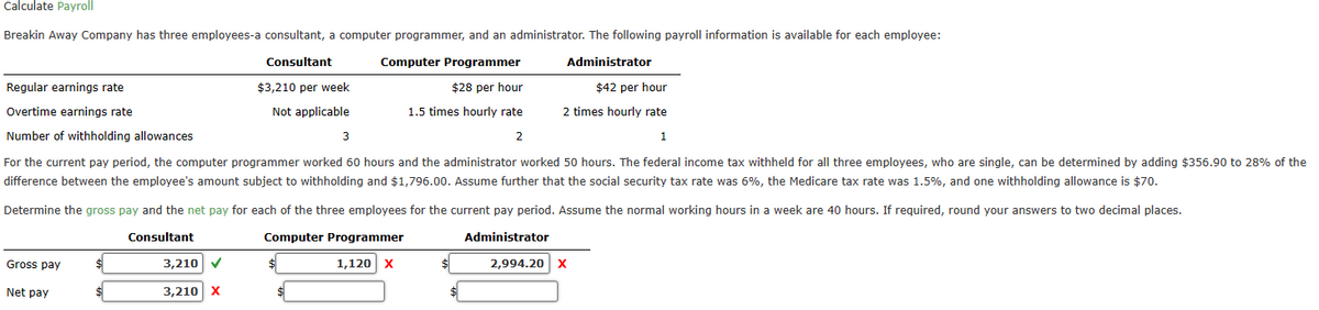 Calculate Payroll
Breakin Away Company has three employees-a consultant, a computer programmer, and an administrator. The following payroll information is available for each employee:
Consultant
Computer Programmer
$28 per hour
Administrator
$42 per hour
1.5 times hourly rate
2 times hourly rate
2
Regular earnings rate
Overtime earnings rate
Number of withholding allowances
Gross pay
Net pay
$3,210 per week
Not applicable
3
For the current pay period, the computer programmer worked 60 hours and the administrator worked 50 hours. The federal income tax withheld for all three employees, who are single, can be determined by adding $356.90 to 28% of the
difference between the employee's amount subject to withholding and $1,796.00. Assume further that the social security tax rate was 6%, the Medicare tax rate was 1.5%, and one withholding allowance is $70.
Determine the gross pay and the net pay for each of the three employees for the current pay period. Assume the normal working hours in a week are 40 hours. If required, round your answers to two decimal places.
Consultant
Computer Programmer
Administrator
1,120 X
3,210 ✔
3,210 X
$
1
2,994.20 X