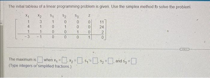 The initial tableau of a linear programming problem is given. Use the simplex method to solve the problem
$3 Z
0
0
1
0
Xy
1
4
1
3
X₂
3
1
1
-1
S₁
1
0
0
0
S₂
0
1
0
0
The maximum is when x₁
(Type integers or simplified fractions.)
0
0
1
11
24
- , ×² = 0, $₁ = [], $₂ = _), and så = __