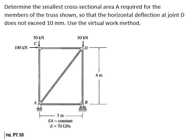 Determine the smallest cross-sectional area A required for the
members of the truss shown, so that the horizontal deflection at joint D
does not exceed 10 mm. Use the virtual work method.
50 kN
50 KN
100 kN
D
FIG. P7.10
3 m
EA = constant
E = 70 GPa
B
4 m