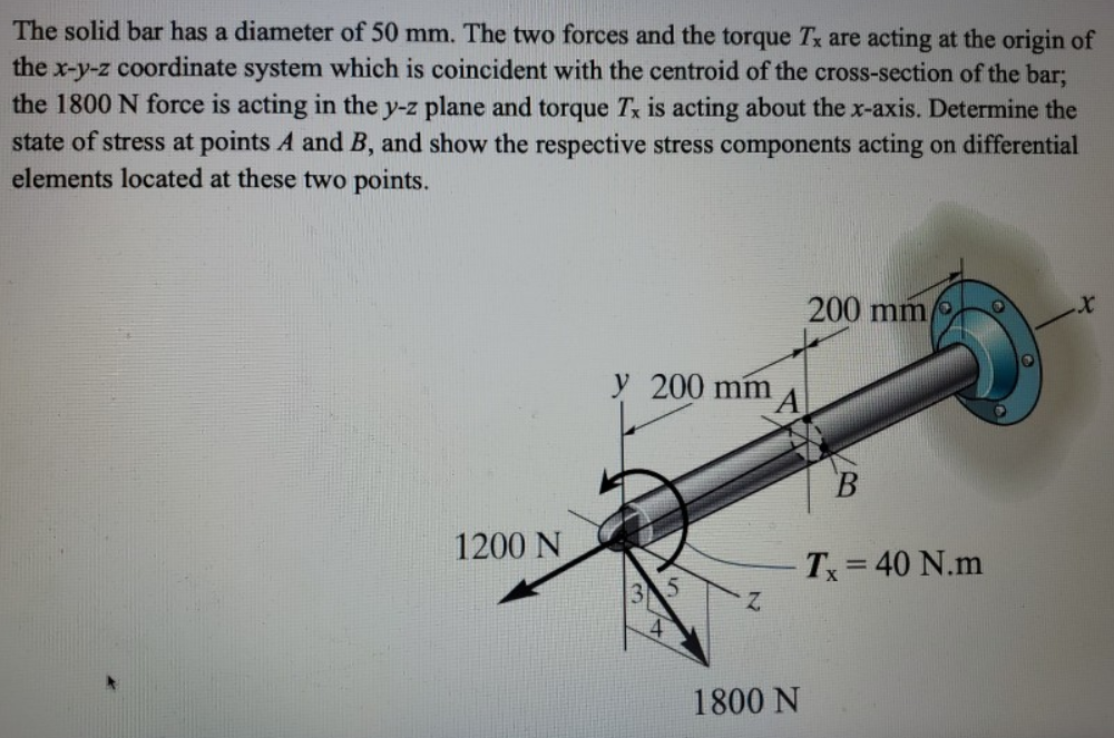 The solid bar has a diameter of 50 mm. The two forces and the torque Tx are acting at the origin of
the x-y-z coordinate system which is coincident with the centroid of the cross-section of the bar;
the 1800 N force is acting in the y-z plane and torque Tx is acting about the x-axis. Determine the
state of stress at points A and B, and show the respective stress components acting on differential
elements located at these two points.
200 mm/
y 200 mm
1200 N
Tx = 40 N.m
%3D
1800 N
