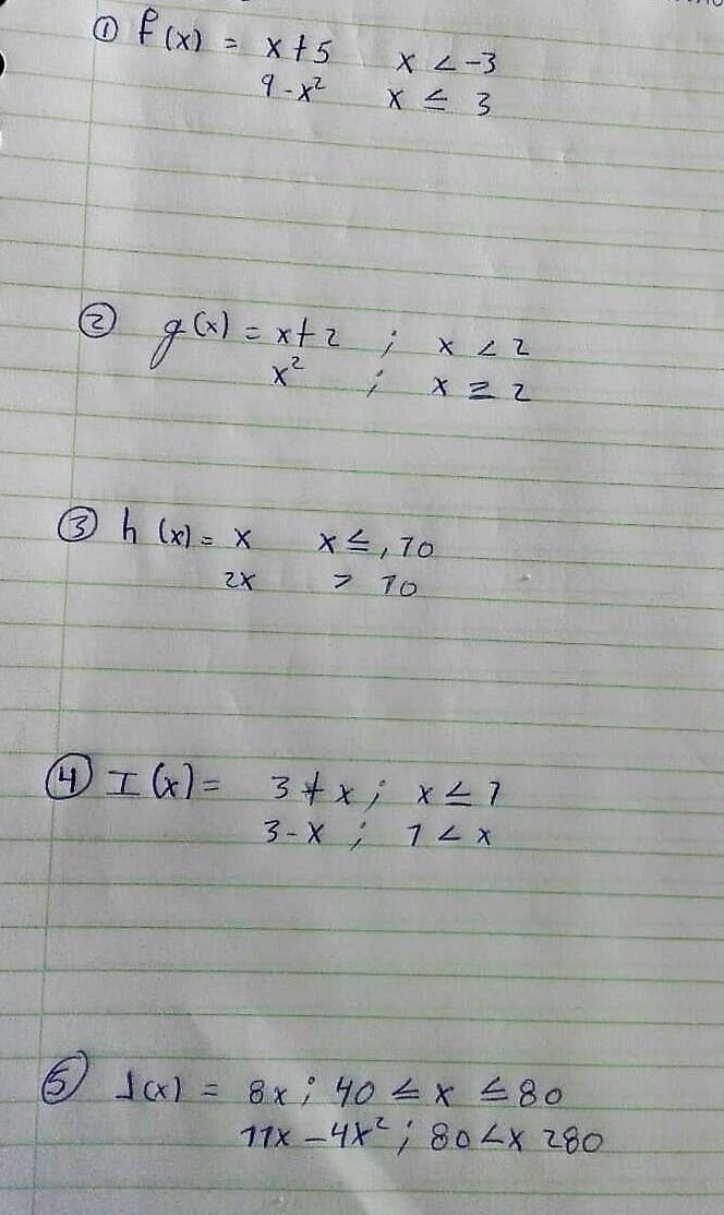 x 15
9 -x²
X <-3
③ g0)=xtて ;_x<2
x²
3 h (xl= X
xと,7o
フ 10
エ)= 3+x;x←7
3- X 14 x
Jal = 8x:404x80
11x -4X; 80LX 280
