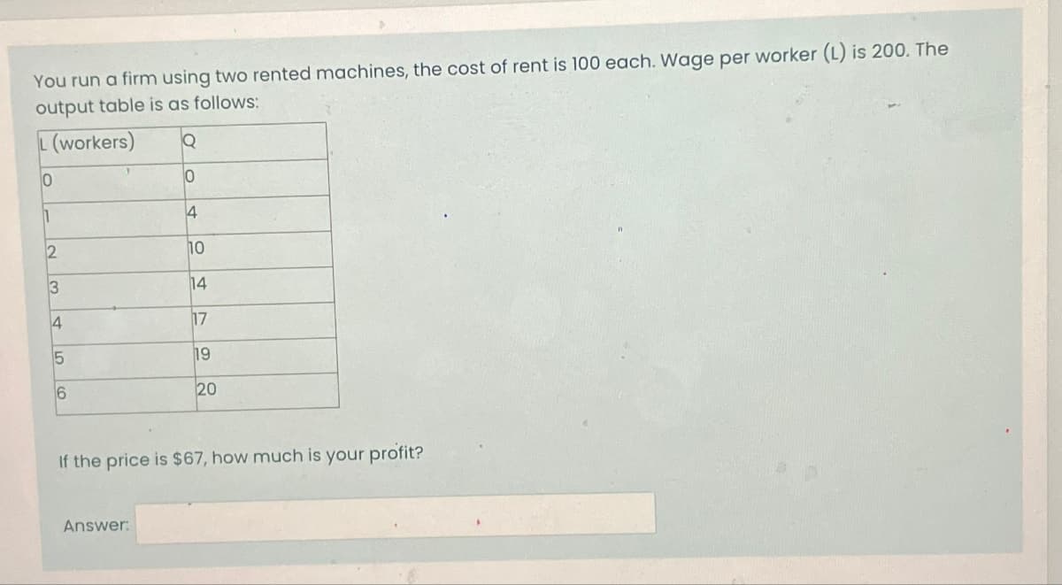 You run a firm using two rented machines, the cost of rent is 100 each. Wage per worker (L) is 200. The
output table is as follows:
L (workers)
Q
0
0
11
4
10
14
2
3
4
5
6
17
Answer:
19
20
If the price is $67, how much is your profit?