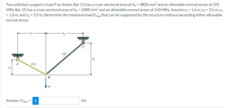 Two solid bars support a load P as shown. Bar (1) has a cross-sectional area of A₁ = 3800 mm² and an allowable normal stress of 105
MPa. Bar (2) has a cross-sectional area of A2 = 4300 mm² and an allowable normal stress of 140 MPa. Assume x₁ = 1.6 m, x₂ = 3.5 m, y₁
= 1.0 m, and y2 = 3.3 m. Determine the maximum load Pmax that can be supported by the structure without exceeding either allowable
normal stress.
Y₁
(1)
Answer: Pmax= i
B
VP
2
KN
Y/₂