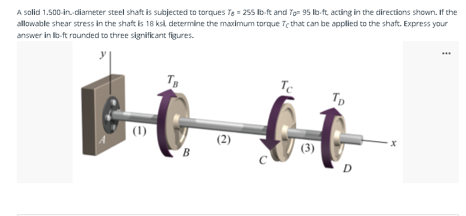 A solid 1.500-in.-diameter steel shaft is subjected to torques TB = 255 lb-ft and To= 95 lb-ft, acting in the directions shown. If the
allowable shear stress in the shaft is 18 ksi, determine the maximum torque Te that can be applied to the shaft. Express your
answer in lb-ft rounded to three significant figures.
y
A
(1)
B
B
(2)
C
Tc
(3)
TD
D
X
...