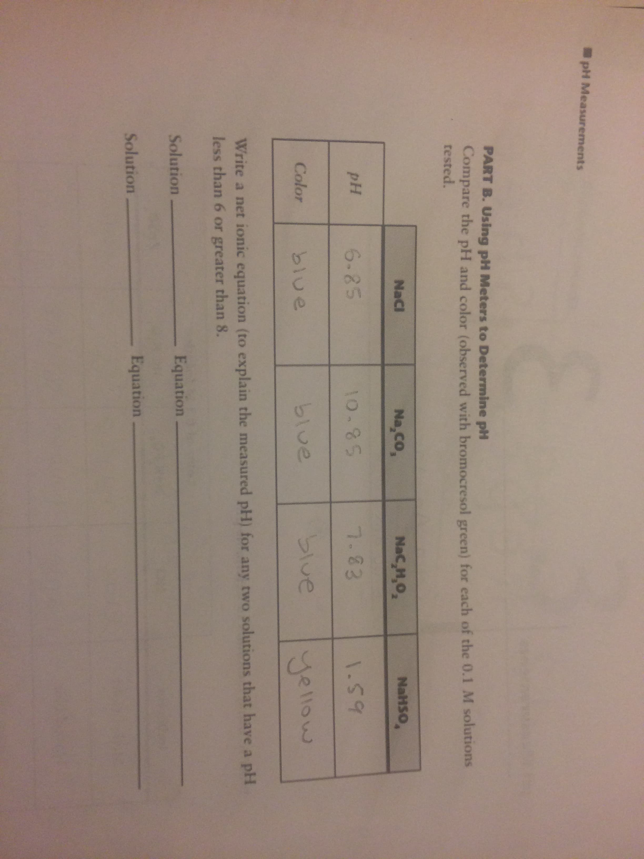 PART B. Using pH Meters to Determine pH
Compare the pH and color (observed with bromocresol green) for each of the 0.1 M solutions
tested.
NaCl
Na,Co,
NaC,H,O,
NaHSO,
pH
6.85
10.85
7.83
1.59
Color
blue
blue
blue
yellow
Write a net ionic equation (to explain the measured pH) for any two solutions that have a pH
less than 6 or greater than 8.
Solution
Equation
Solution
Equation
