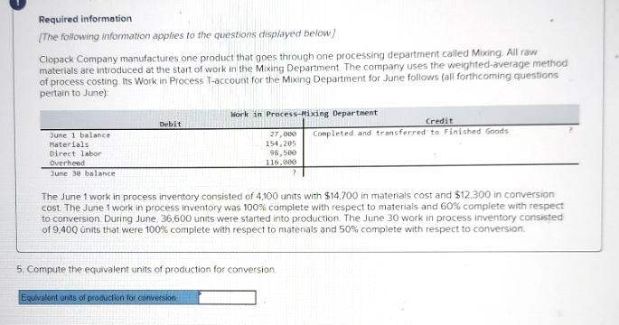 Required information.
[The following information applies to the questions displayed below]
Clopack Company manufactures one product that goes through one processing department called Mixing. All raw
materials are introduced at the start of work in the Mixing Department. The company uses the weighted-average method
of process costing. Its Work in Process T-account for the Mixing Department for June follows (all forthcoming questions
pertain to June):
June 1 balance
Materials
Direct labor
Overhead
June 30 balance
Debit
Work in Process-Mixing Department
27,000
154,205
98,500
116.000
Equivalent units of production for conversion
The June 1 work in process inventory consisted of 4,100 units with $14,700 in materials cost and $12,300 in conversion
cost. The June 1 work in process inventory was 100% complete with respect to materials and 60% complete with respect
to conversion. During June, 36,600 units were started into production. The June 30 work in process inventory consisted
of 9,400 units that were 100% complete with respect to materials and 50% complete with respect to conversion.
5. Compute the equivalent units of production for conversion
Credit
Completed and transferred to Finished Goods