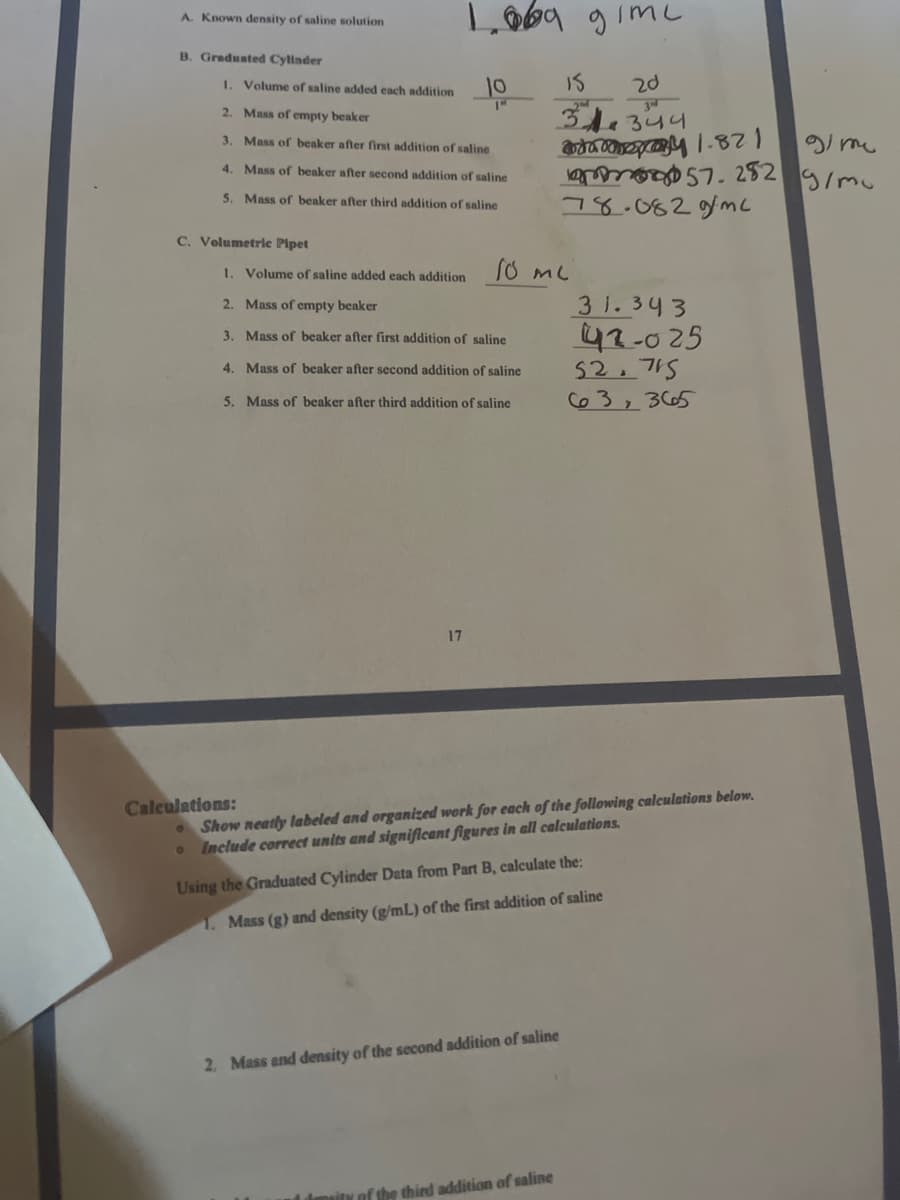 Loba gimL
A. Known density of saline solution
B. Graduated Cylinder
I. Volume of saline added each addition
10
IS
20
2. Mass of empty beaker
31.344
3. Mass of beaker after first addition of saline
4. Mass of beaker after second addition of saline
gimo
5. Mass of beaker after third addition of saline
78.082gmc
C. Volumetric Pipet
1. Volume of saline added each addition
31.343
42-025
52.715
63,
2. Mass of empty beaker
3. Mass of beaker after first addition of saline
4. Mass of beaker after second addition of saline
5. Mass of beaker after third addition of saline
3665
17
• Show neatly labeled and organized work for each of the following calculations below.
o Include correct units and significant figures in all calculations.
Calculations:
Using the Graduated Cylinder Data from Part B, calculate the:
1. Mass (g) and density (g/mL) of the first addition of saline
2, Mass and density of the second addition of saline
mity of the third addition of saline
