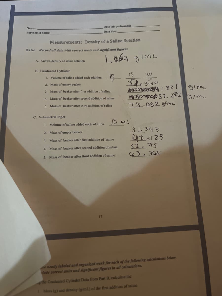 Name:
Date lab performed:
Partner(s) name:
Date due:
Measurements: Density of a Saline Solution
Data:
Record all data with correct units and significant figures.
A. Known density of saline solution
B. Graduated Cylinder
1. Volume of saline added each addition
10
IS
20
2. Mass of empty beaker
344
3. Mass of beaker after first addition of saline
a 7. 252 gimo
78.0829mc
4. Mass of beaker after second addition of saline
5. Mass of beaker after third addition of saline
C. Volumetric Pipet
1. Volume of saline added each addition
3 1. 343
42-025
52, 715
63,3665
2. Mass of empty beaker
3. Mass of beaker after first addition of saline
4. Mass of beaker after second addition of saline
5. Mass of beaker after third addition of saline
17
neatly labeled and organized work for each of the following calculations below.
lude correct units and significant figures in all calculations.
the Graduated Cylinder Data from Part B, calculate the:
1. Mass (g) and density (g/mL) of the first addition of saline
