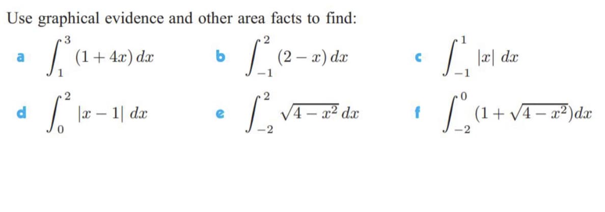 Use graphical evidence and other area facts to find:
Le-
3
1
| (1+ 4x)
(2 – x) dx
|x| dx
dx
2
| r – 1| dx
V4 – x² dx
(1+ v4 – a²)dx
d
