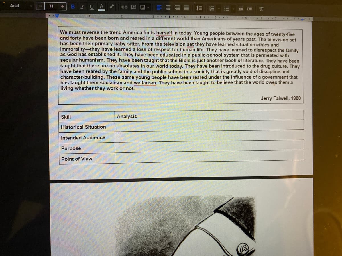 Arial
BIU
11
| 1 2 3 4 5 6 7 8
We must reverse the trend America finds herself in today. Young people between the ages of twenty-five
and forty have been born and reared in a different world than Americans of years past. The television set
has been their primary baby-sitter. From the television set they have learned situation ethics and
immorality-they have learned a loss of respect for human life. They have learned to disrespect the family
as God has established it. They have been educated in a public-school system that is permeated with
secular humanism. They have been taught that the Bible is just another book of literature. They have been
taught that there are no absolutes in our world today. They have been introduced to the drug culture. They
have been reared by the family and the public school in a society that is greatly void of discipline and
character-building. These same young people have been reared under the influence of a government that
has taught them socialism and welfarism. They have been taught to believe that the world owes them a
living whether they work or not.
Jerry Falwell, 1980
Skill
Analysis
Historical Situation
Intended Audience
Purpose
Point of View
US
