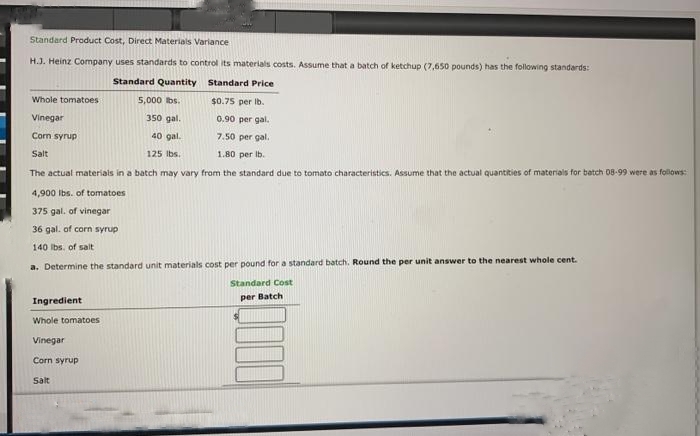 Standard Product Cost, Direct Materials Variance
H.J. Heinz Company uses standards to control its materials costs. Assume that a batch of ketchup (7,650 pounds) has the following standards:
Standard Quantity
Standard Price
Whole tomatoes
5,000 lbs.
$0.75 per lb.
Vinegar
350 gal.
0.90 per gal.
Corn syrup
40 gal.
7.50 per gal.
Salt
125 lbs.
1.80 per lb..
The actual materials in a batch may vary from the standard due to tomato characteristics. Assume that the actual quantities of materials for batch 08-99 were as follows:
4,900 lbs. of tomatoes
375 gal. of vinegar
36 gal. of corn syrup
140 lbs. of salt
a. Determine the standard unit materials cost per pound for a standard batch. Round the per unit answer to the nearest whole cent.
Standard Cost
per Batch
Ingredient
Whole tomatoes
Vinegar
Corn syrup
Salt